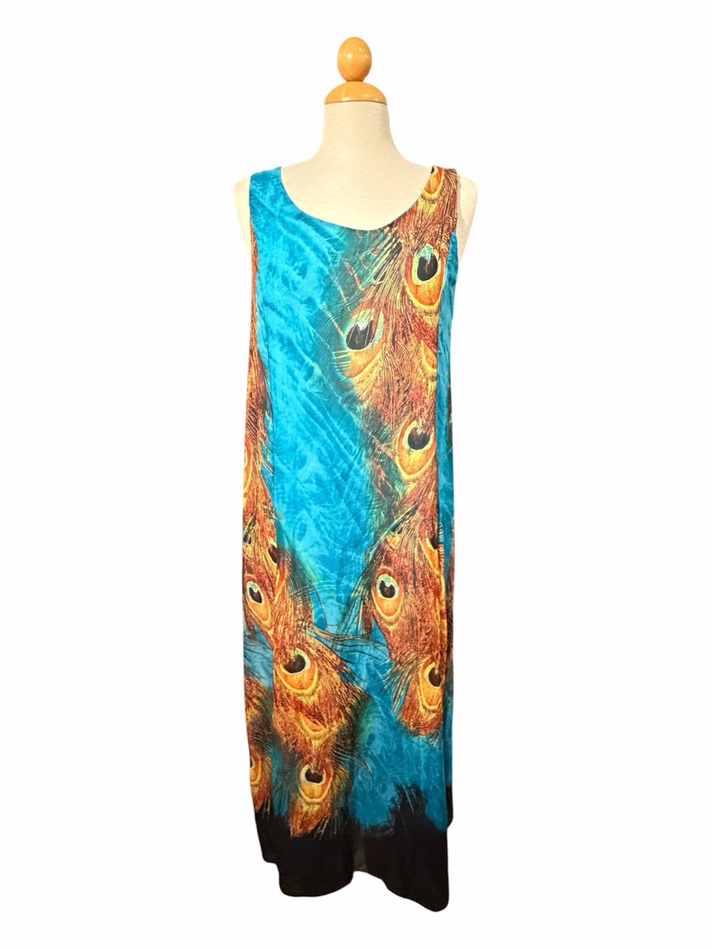 Zanzea Turquoise Blue Peacock Feather Print Maxi Dress